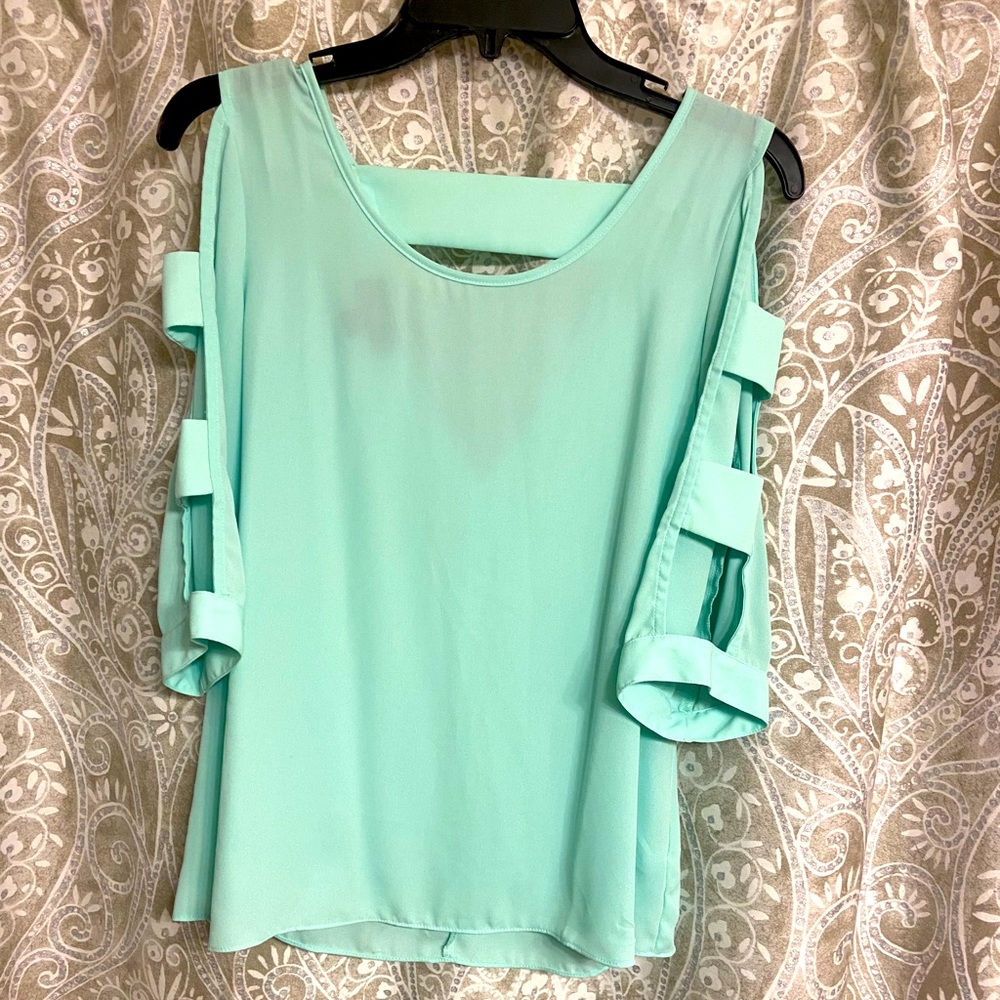 Teal Sheer Blouse with Cut Out Sleeves